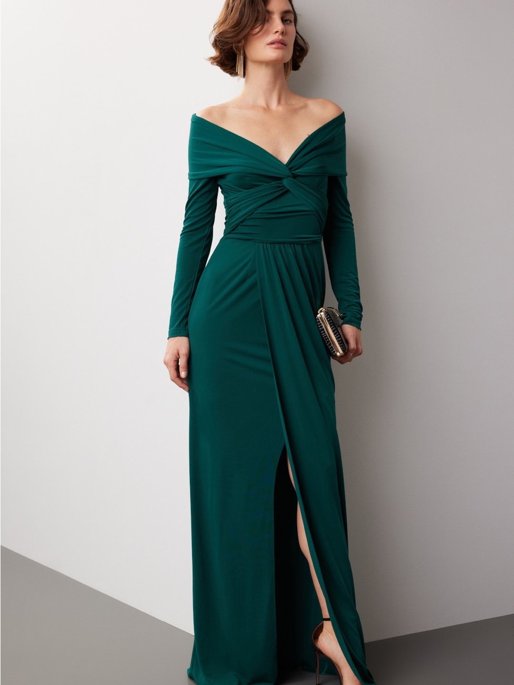 Zac Posen Off-Shoulder Knot-Front Emerald Green Maxi Dress